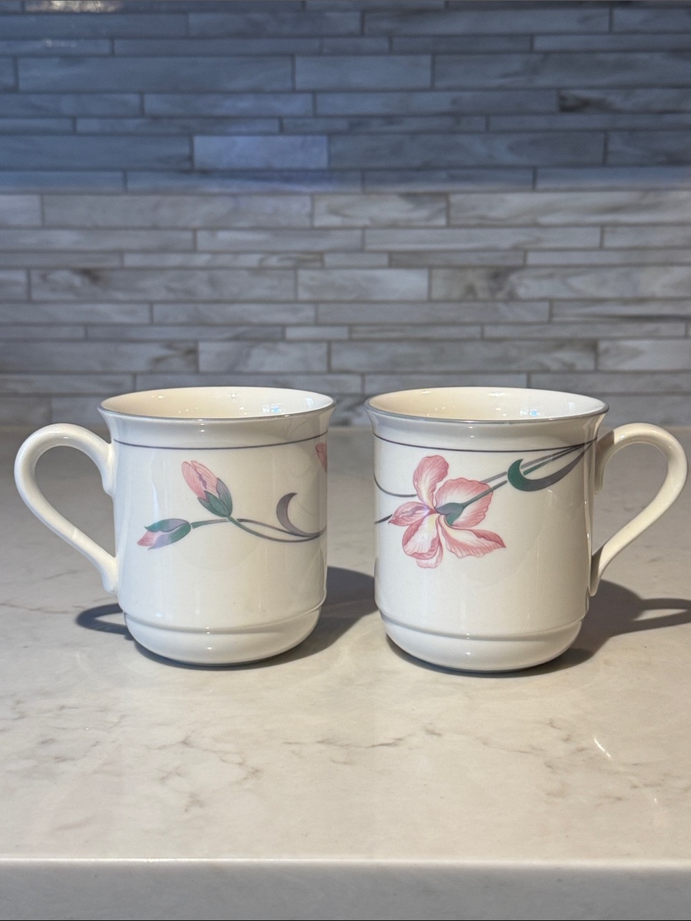Lenox Chinastone Iris  On Grey Mugs Floral Design Set Of 2